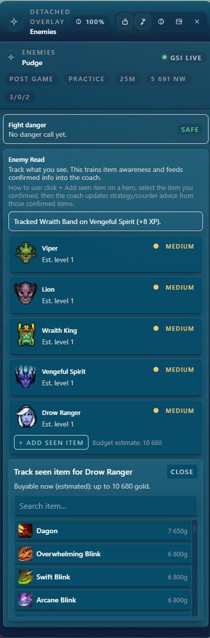 LaneMind enemies panel with tracked enemy heroes, seen item tracking, and danger levels.