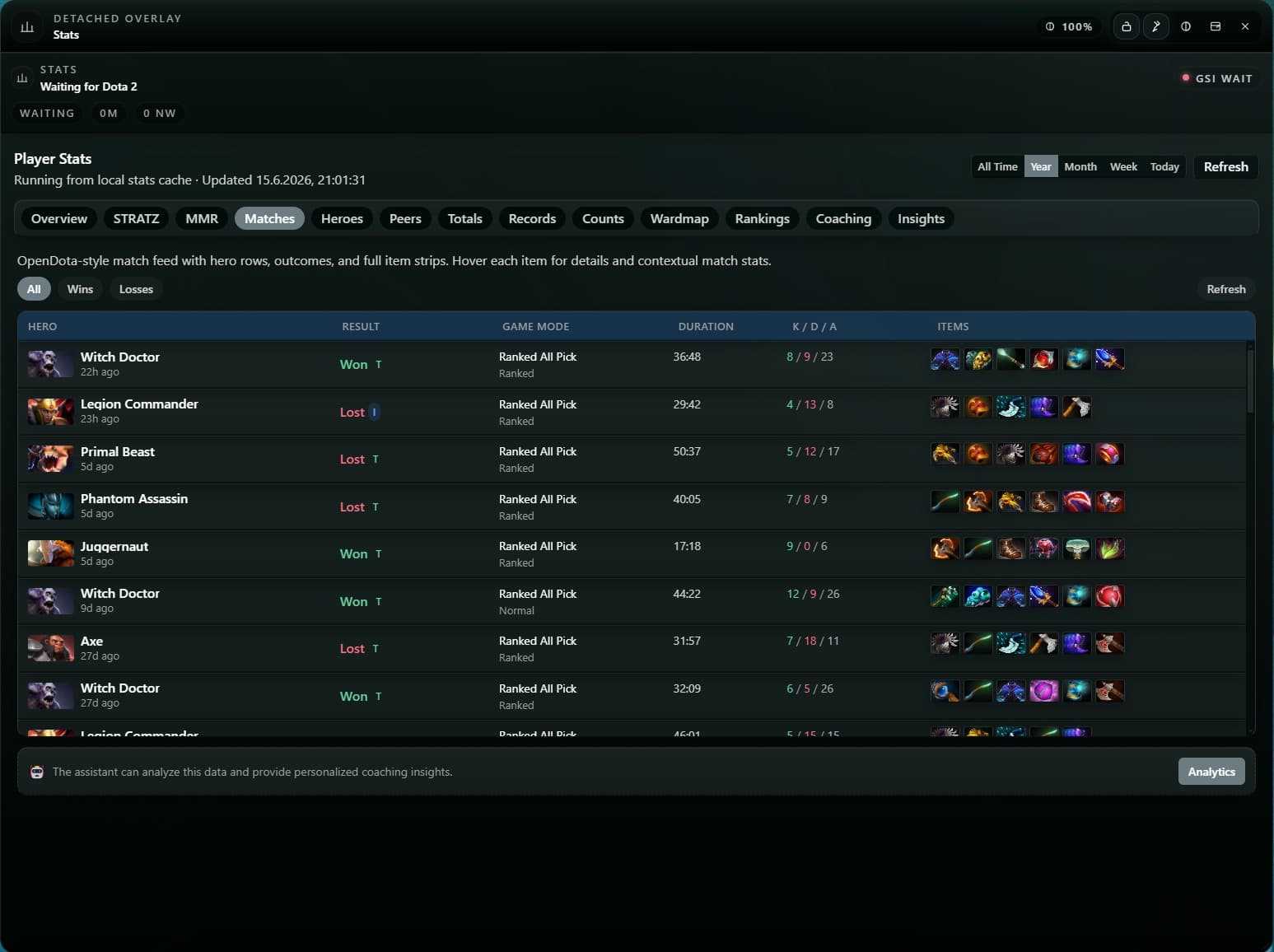 Лента матчей LaneMind в стиле OpenDota со сборками, результатами и KDA по каждой игре.