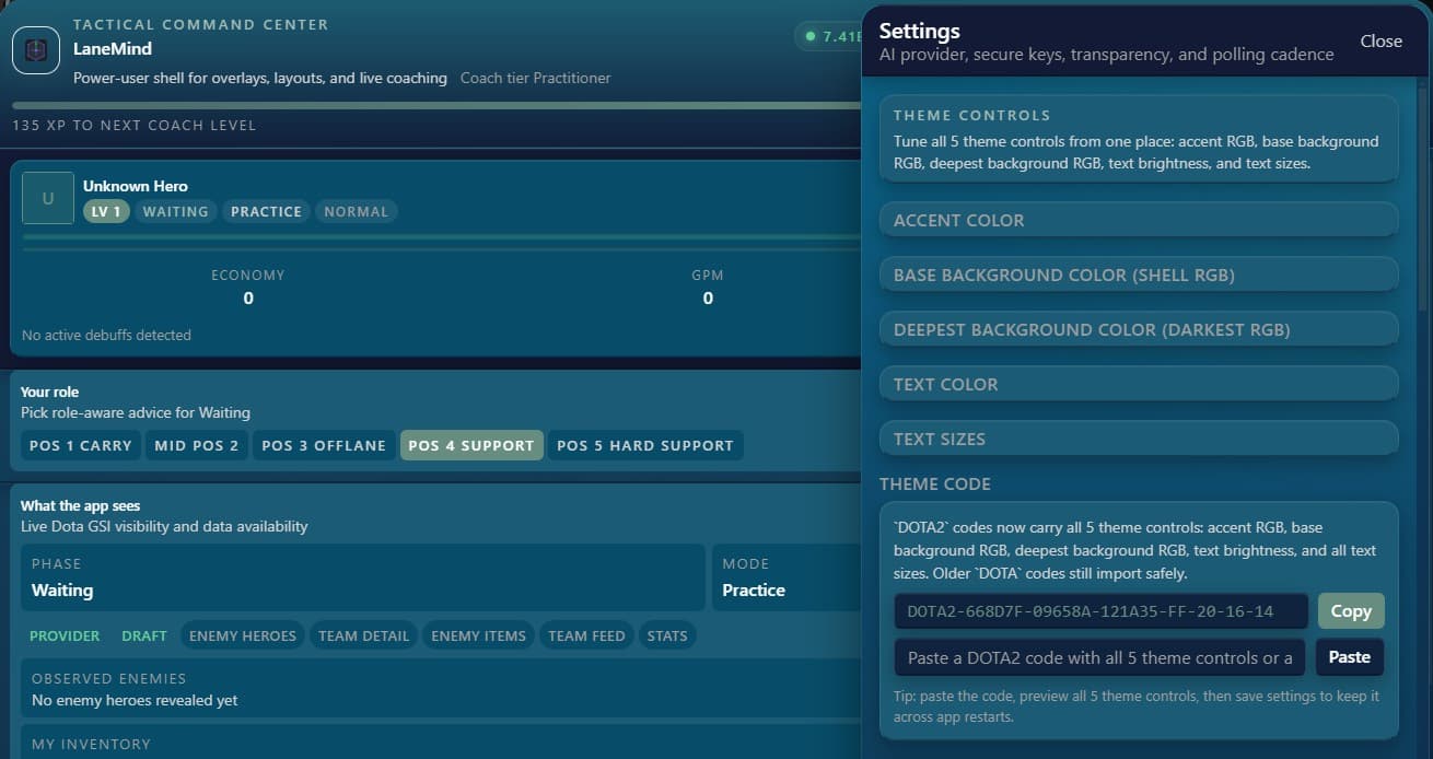 LaneMind settings panel with theme controls and theme code import/export tools.